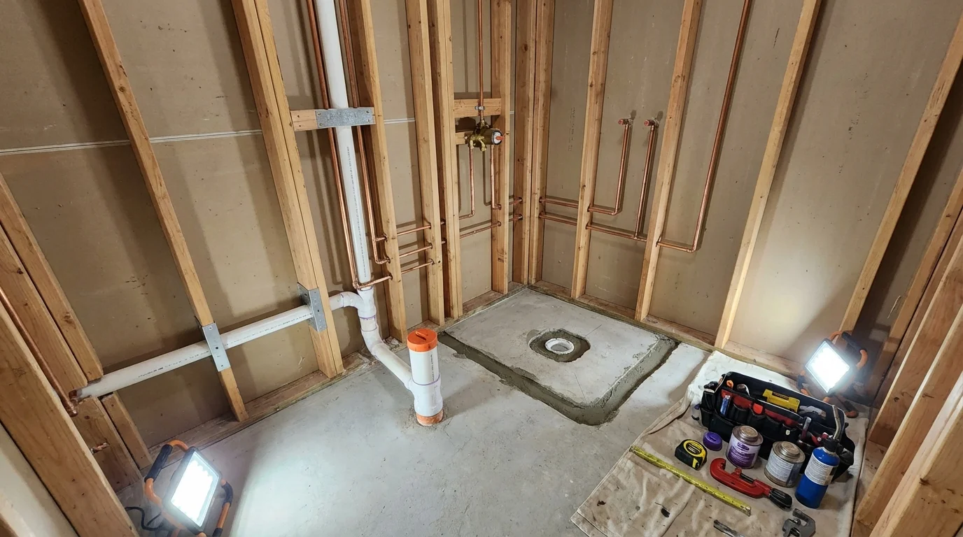 Bathroom rough-in plumbing during remodel by Johns Plumbing LLC in Bremen