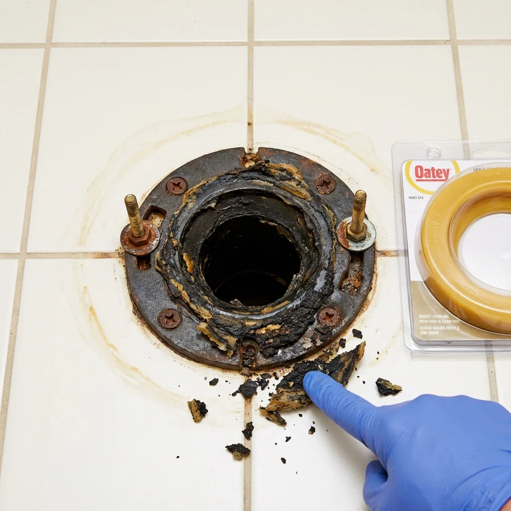 Failed wax ring showing water seepage at the base of a toilet in a Bremen, OH home