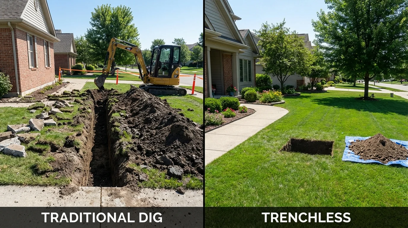 Trenchless sewer repair with minimal yard damage versus traditional excavation in Bremen, OH