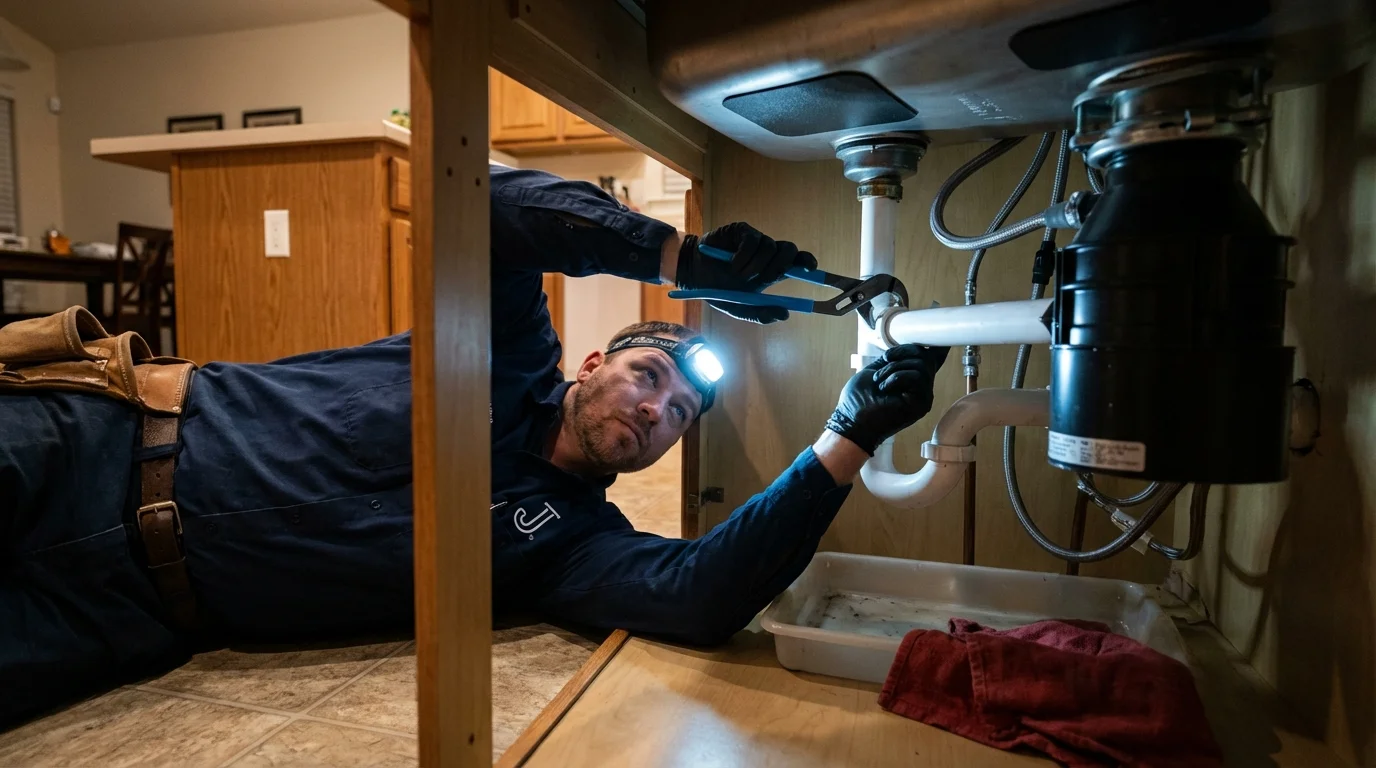 P-trap and supply line connections under a kitchen sink showing a common leak point in Bremen, OH